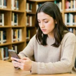 Jeune femme accédant à la messagerie scolaire de l'académie Toulouse sur son smartphone dans une bibliothèque universitaire