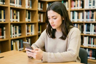 Jeune femme accédant à la messagerie scolaire de l'académie Toulouse sur son smartphone dans une bibliothèque universitaire