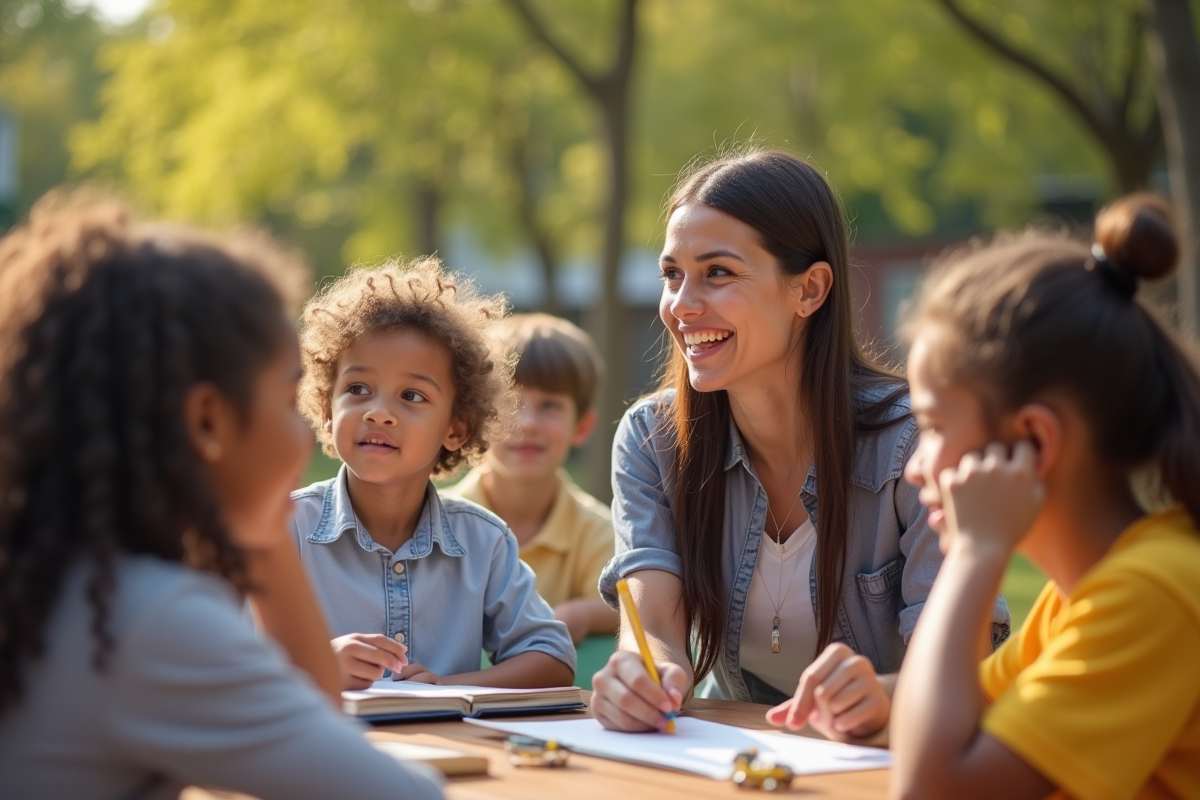 Assistante éducative soutenant un groupe d