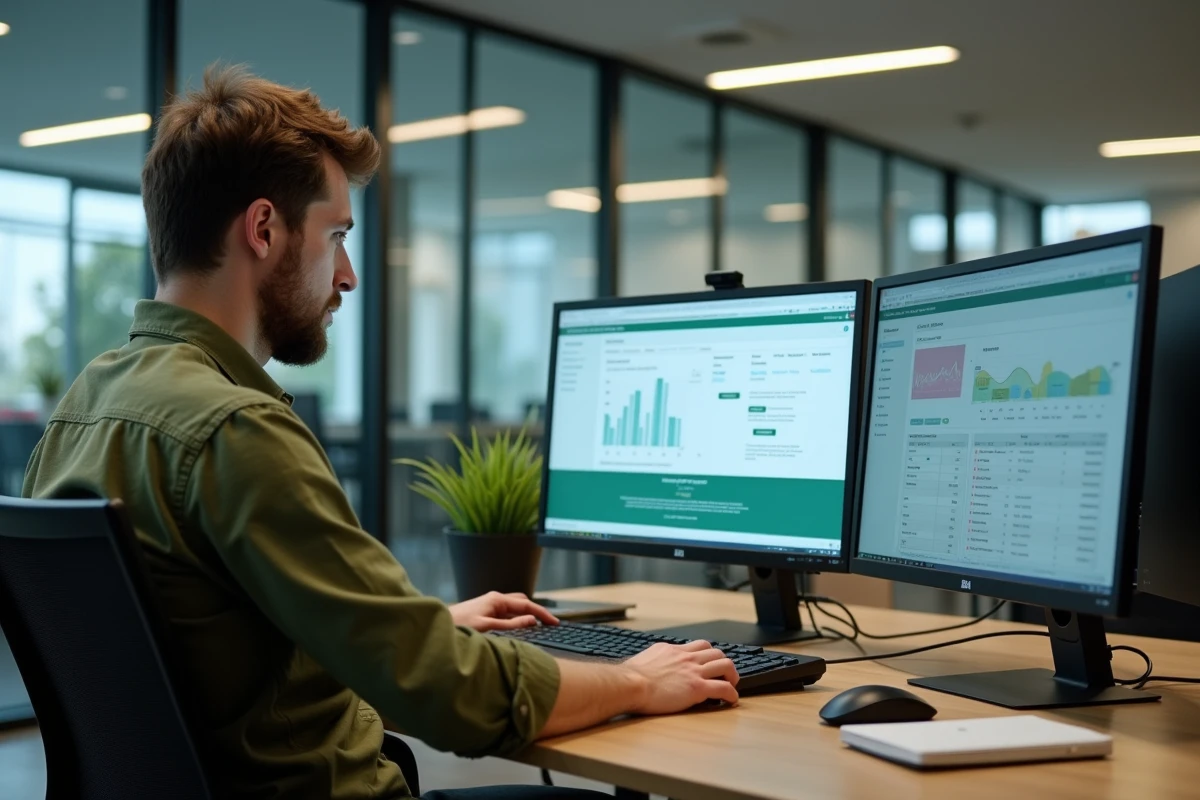Administrateur informatique scolaire gérant les nouveautés de la plateforme ONE opendigitaleducation sur un poste de travail multi-écrans