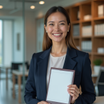 Administratrice de bureau avec certificat en main