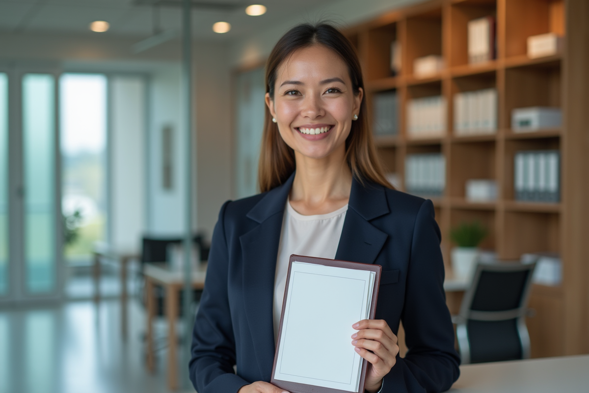 Administratrice de bureau avec certificat en main