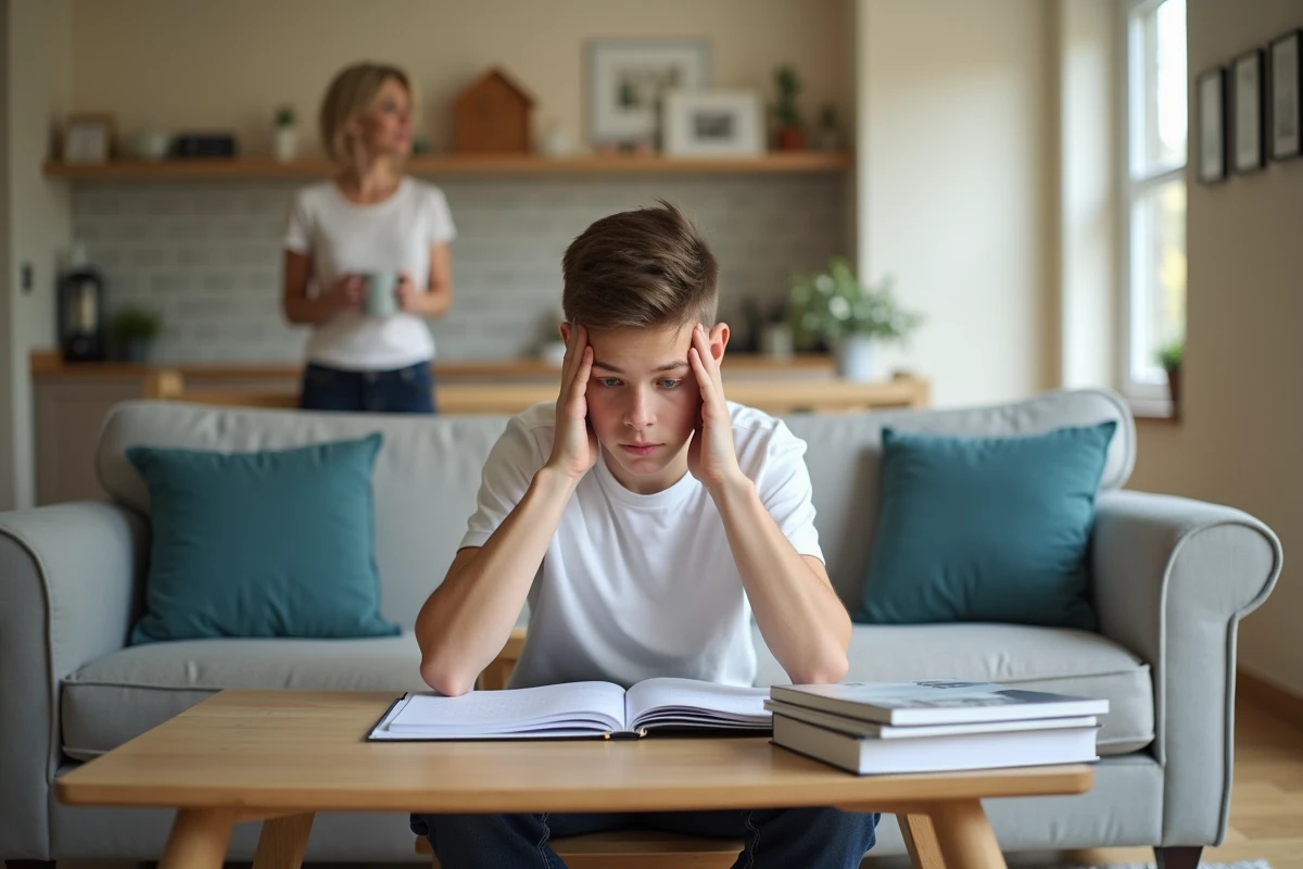 Adolescent stressé en train de réviser dans le salon pendant que sa mère l'observe avec bienveillance