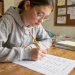 Adolescente révisant une liste de verbes du 3ème groupe sur une feuille imprimée à son bureau