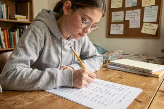 Adolescente révisant une liste de verbes du 3ème groupe sur une feuille imprimée à son bureau