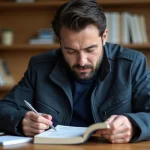 Adulte en reprise de permis moto étudiant le code de la route moto sur un bureau à domicile