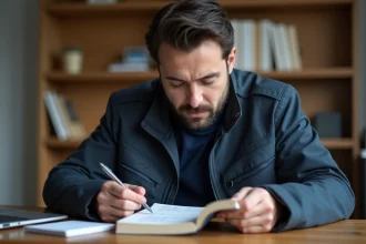 Adulte en reprise de permis moto étudiant le code de la route moto sur un bureau à domicile