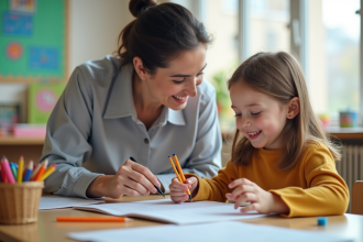 Assistante scolaire aidant un enfant avec besoins spéciaux dans une classe lumineuse