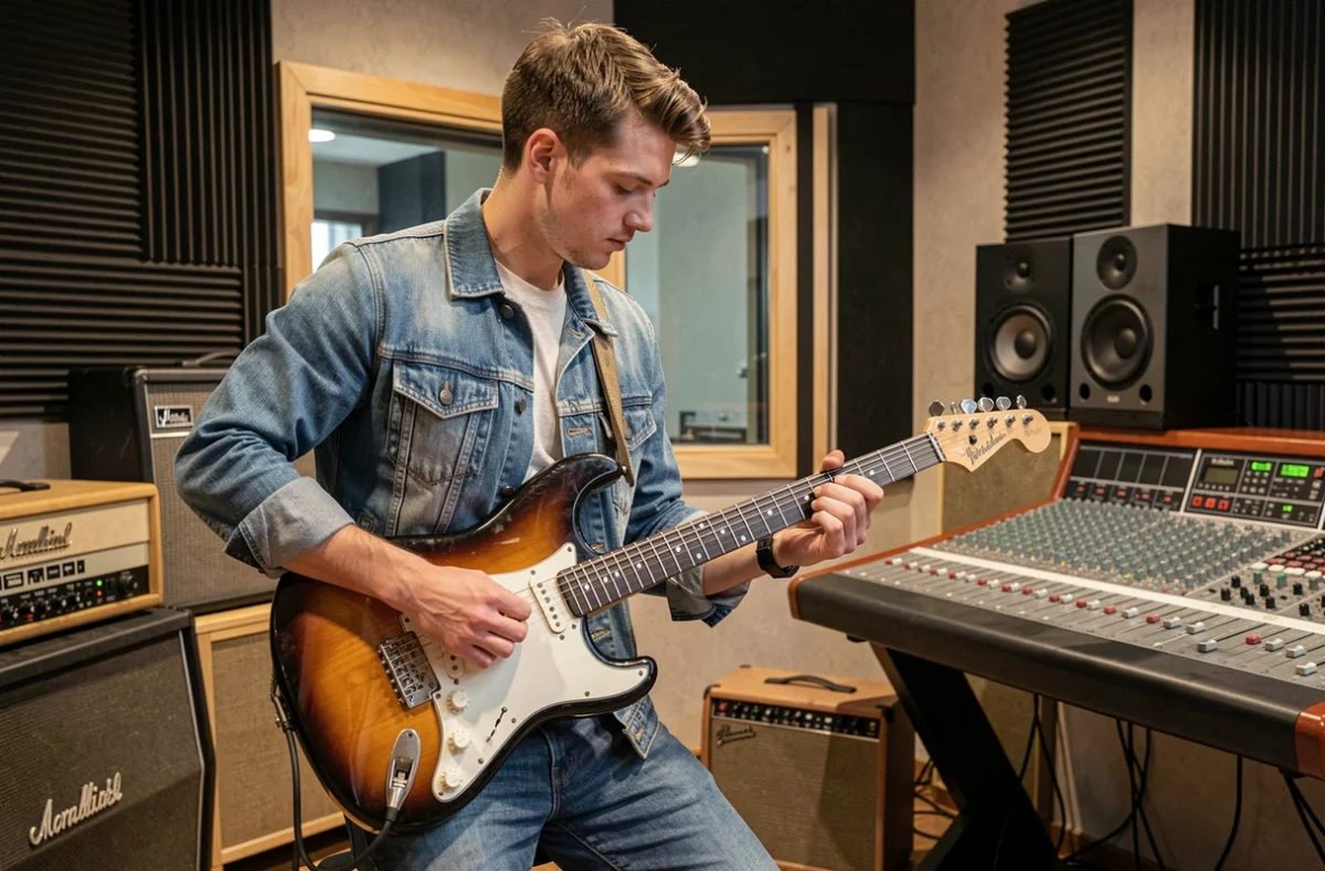 Un étudiant jouant de la guitare électrique dans un studio de l'American School of Modern Music à Paris