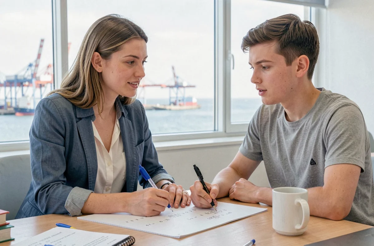 Cours particulier Anacours à Saint-Nazaire avec tutrice et lycéen révisant des mathématiques face à une fenêtre donnant sur le port