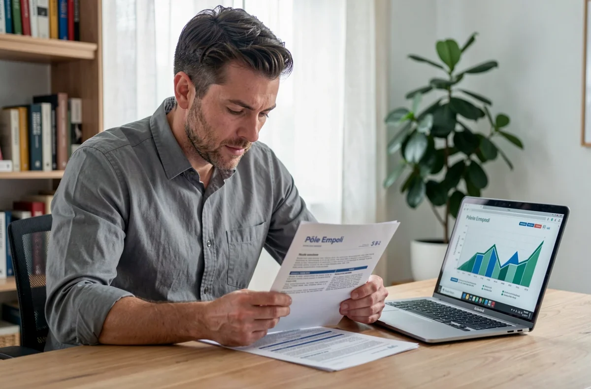 Homme analysant une fiche métier Pôle Emploi et des statistiques de salaire sur son ordinateur depuis son bureau à domicile