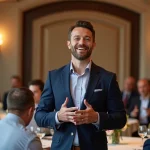 Homme animateur en costume lors d'un événement professionnel