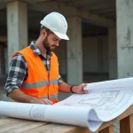 Apprenti BTP en gilet haute visibilité étudiant un plan technique sur un chantier de construction