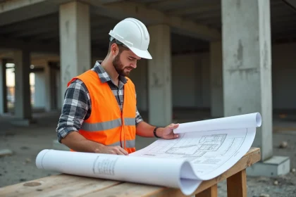 Apprenti BTP en gilet haute visibilité étudiant un plan technique sur un chantier de construction