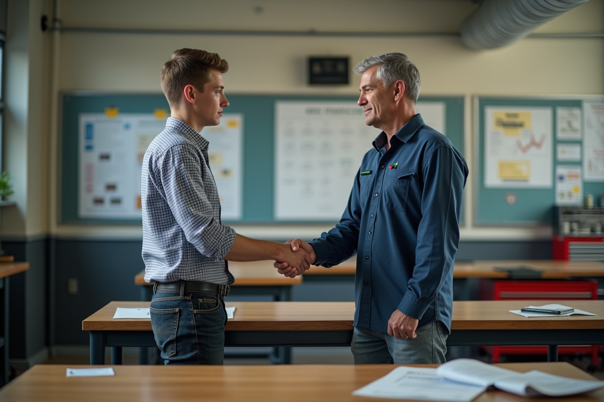 Jeune apprenti en formation avec instructeur en atelier