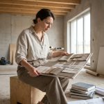Femme architecte d'intérieur tenant un tableau d'inspiration avec des échantillons de tissus et couleurs dans un appartement en rénovation