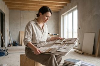 Femme architecte d'intérieur tenant un tableau d'inspiration avec des échantillons de tissus et couleurs dans un appartement en rénovation