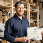 Artisan du bâtiment tenant une certification Maformationbrico dans son atelier de bricolage professionnel
