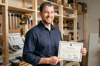 Artisan du bâtiment tenant une certification Maformationbrico dans son atelier de bricolage professionnel