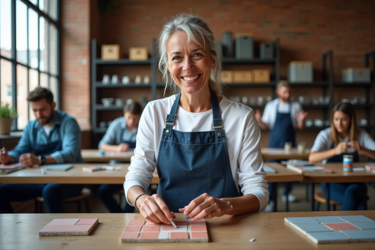 Femme participant à un atelier de bricolage en présentiel avec d'autres adultes dans une salle équipée