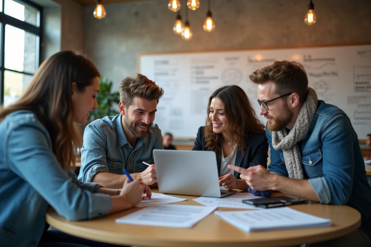 Groupe de professionnels en atelier collaboratif lors d'une formation marketing digital à Paris