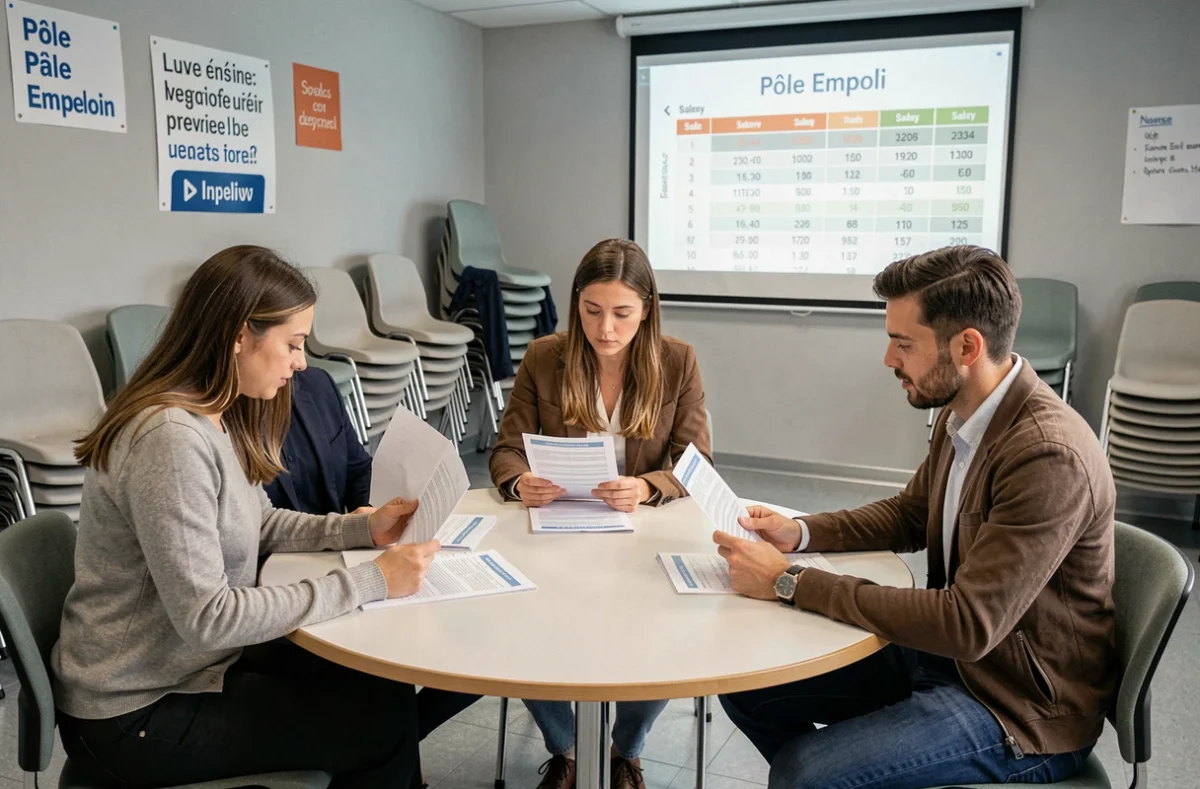 Groupe de demandeurs d'emploi participant à un atelier Pôle Emploi pour décrypter les fiches métiers et les grilles de salaires
