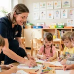ATSEM en uniforme aidant des enfants en maternelle lors d'un atelier artistique en classe