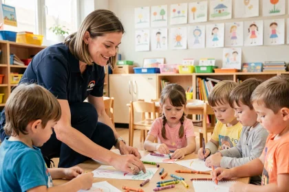 ATSEM en uniforme aidant des enfants en maternelle lors d'un atelier artistique en classe