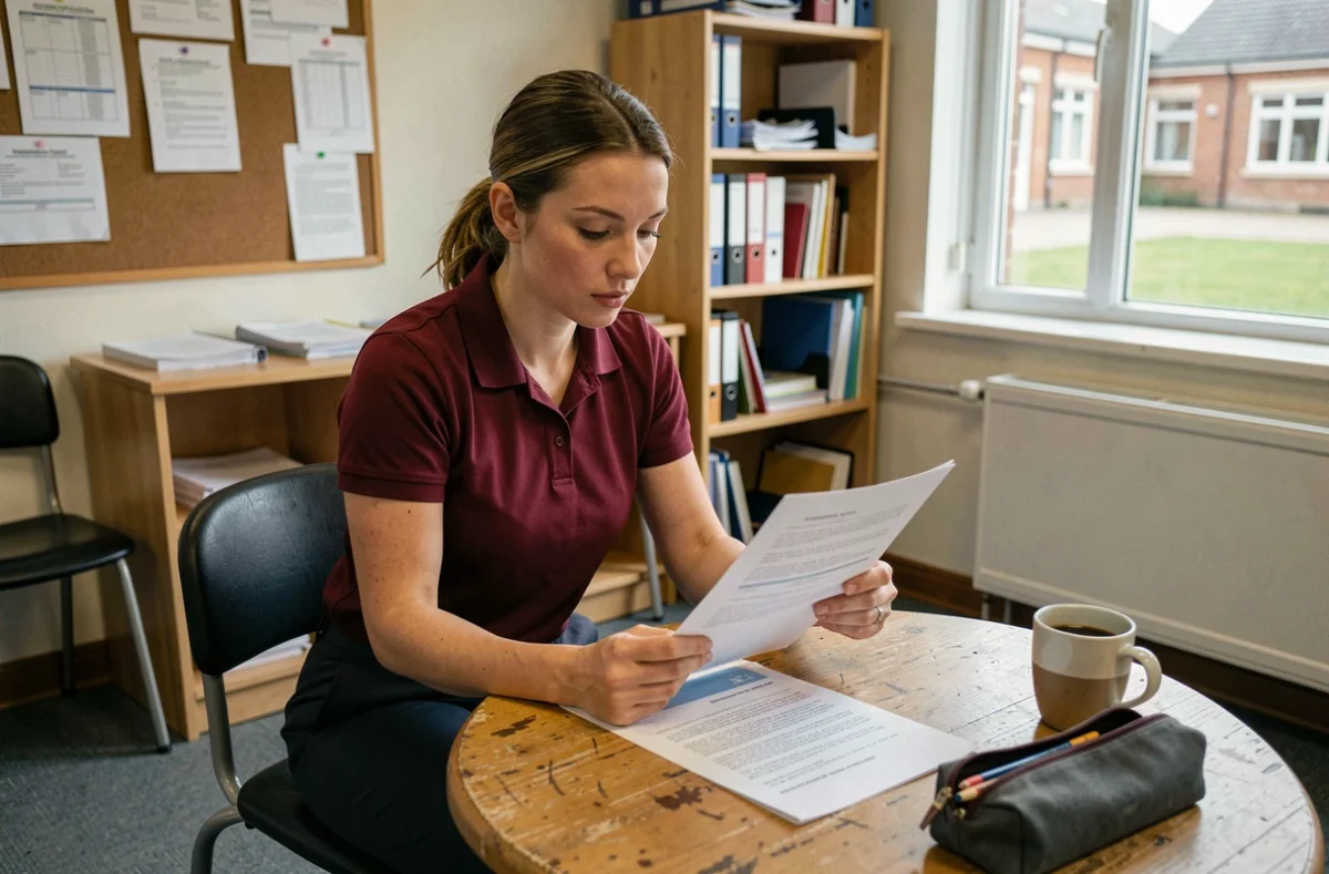 ATSEM en salle des professeurs révisant ses notes pour préparer l'oral du concours