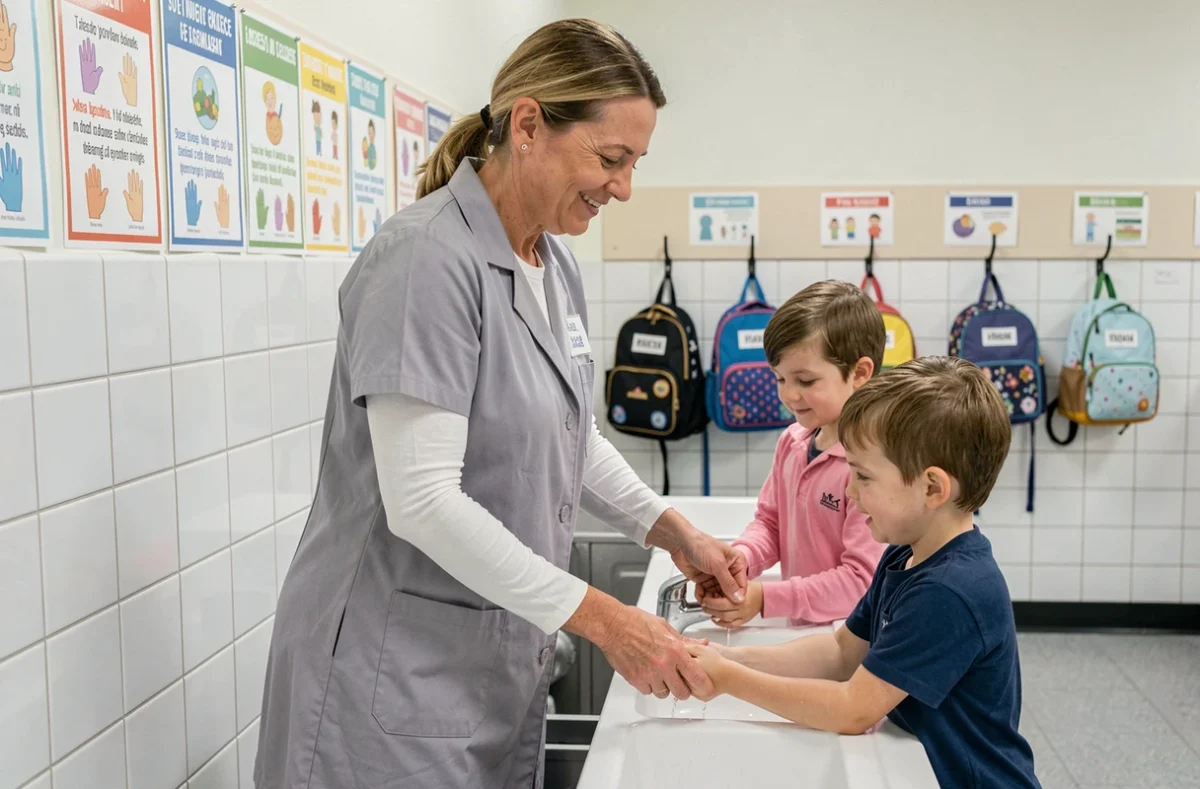 ATSEM supervisant le lavage des mains d'enfants dans le couloir d'une école maternelle