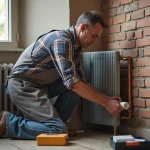 Homme en tablier de bricolage installant une isolation thermique sur des tuyaux de radiateur dans un salon, cours de bricolage économie d'énergie
