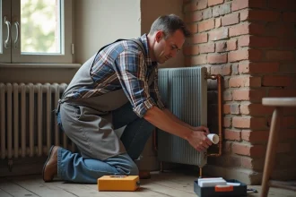 Homme en tablier de bricolage installant une isolation thermique sur des tuyaux de radiateur dans un salon, cours de bricolage économie d'énergie