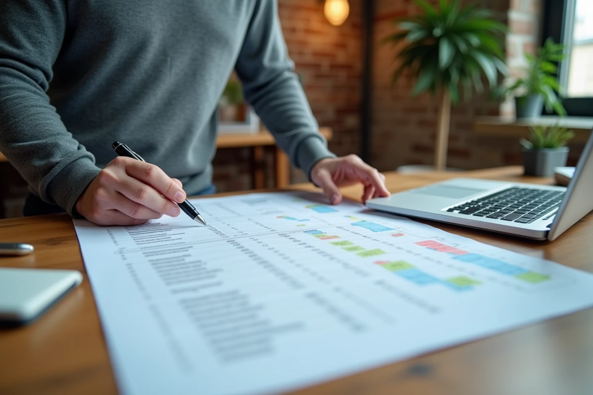 Homme analysant un budget détaillé de formation digitale sur des documents imprimés dans un espace de coworking
