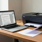 Bureau avec ordinateur portable et imprimante qui sort une feuille