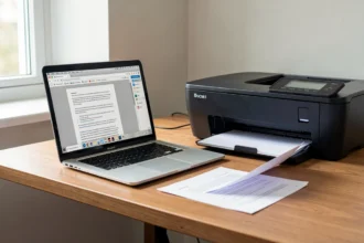 Bureau avec ordinateur portable et imprimante qui sort une feuille