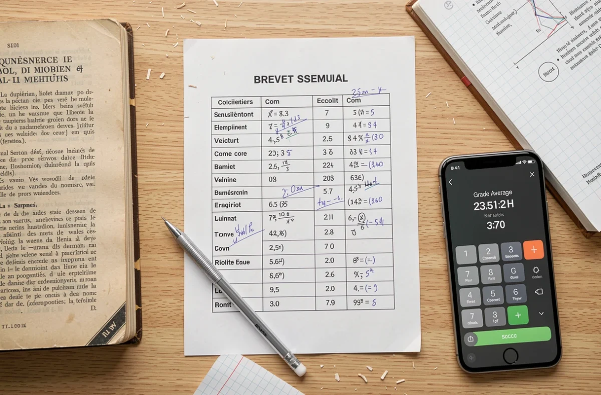 Vue aérienne d'un bureau avec bulletins, calculs de moyennes coefficientées et calculatrice pour brevet et bac