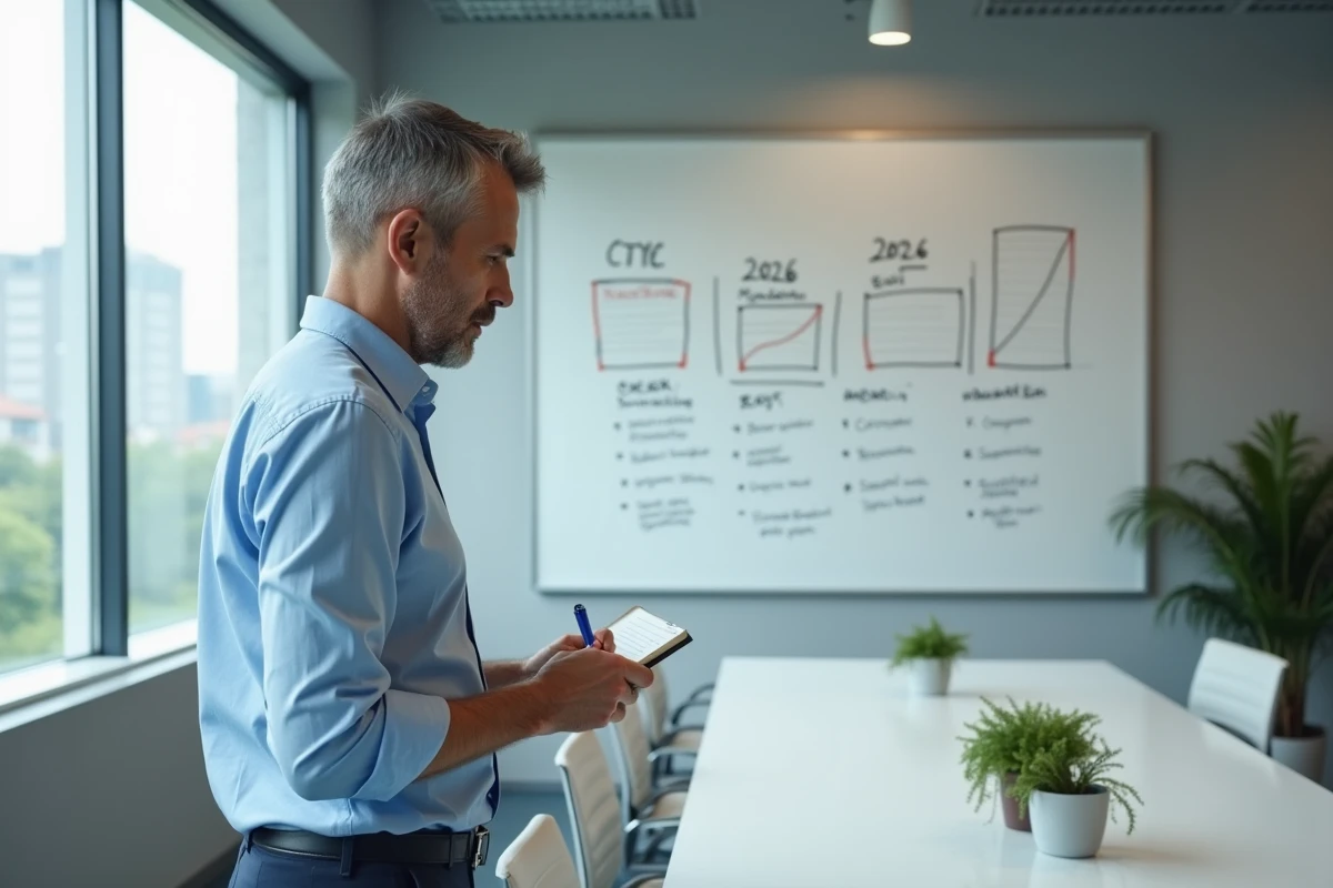 Homme cadre analysant son plan de carrière 2026 devant un tableau blanc avec objectifs professionnels dans une salle de réunion minimaliste