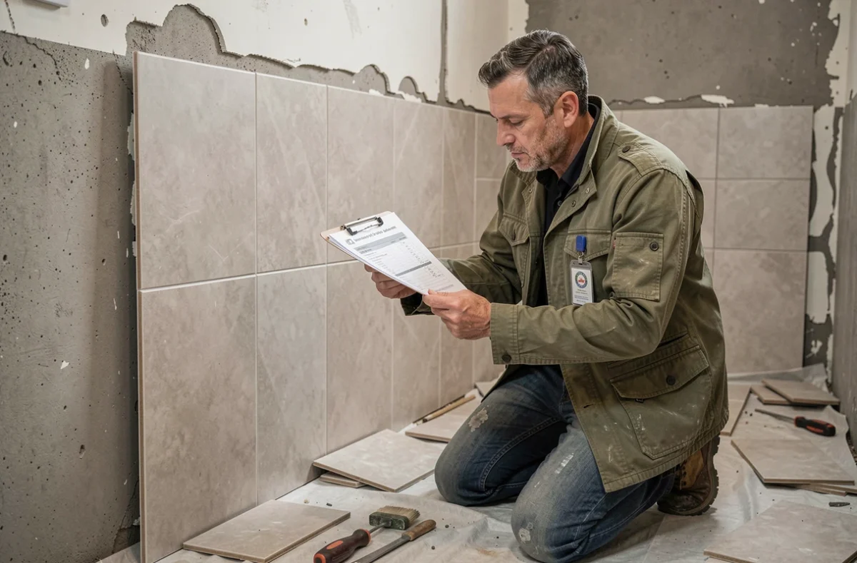 Carreleur expérimenté sur un chantier de rénovation de salle de bain avec badge de certification brico visible