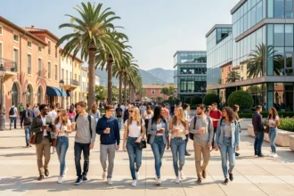 Étudiants d'horizons divers marchant sur un campus moderne des Alpes-Maritimes, illustrant le top 10 des centres de formation 2026