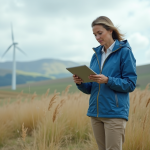 Climatologue femme en plein air avec paysage naturel
