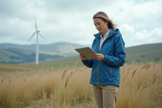 Climatologue femme en plein air avec paysage naturel