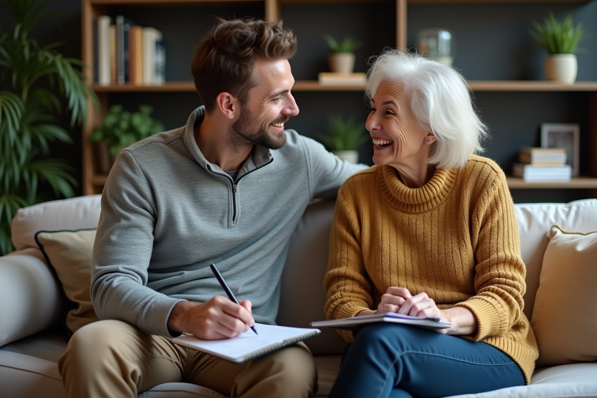 Jeune coach et femme âgée en discussion chaleureuse