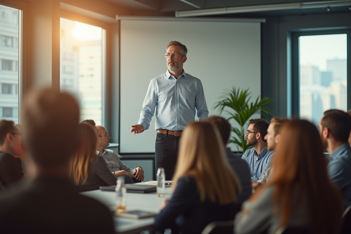 Coach motivant parlant devant audience attentive
