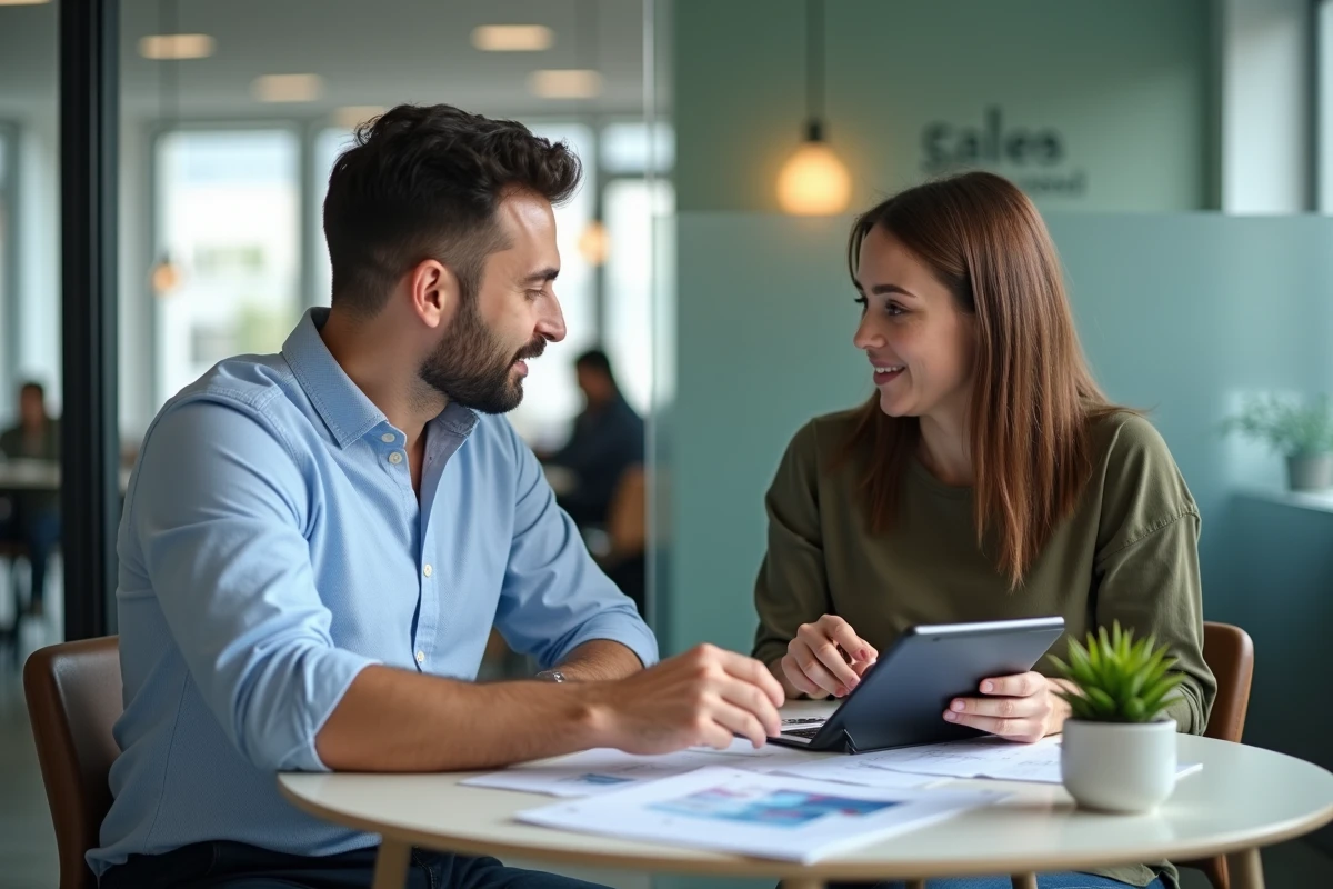 Deux professionnels collaborant sur un plan de stratégie réseaux sociaux lors d'une formation digitale dans une école parisienne