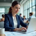 Femme professionnelle comparant les prix d'abonnement emailing sur un ordinateur portable dans un bureau moderne