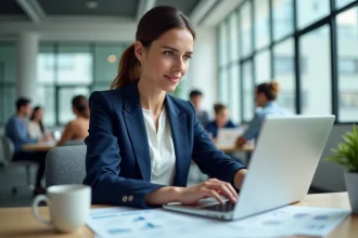 Femme professionnelle comparant les prix d'abonnement emailing sur un ordinateur portable dans un bureau moderne