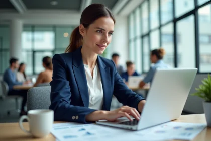 Femme professionnelle comparant les prix d'abonnement emailing sur un ordinateur portable dans un bureau moderne