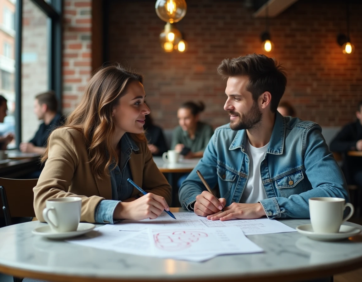 Deux adultes comparant leurs résultats de tests de QI autour d'un café dans un café urbain