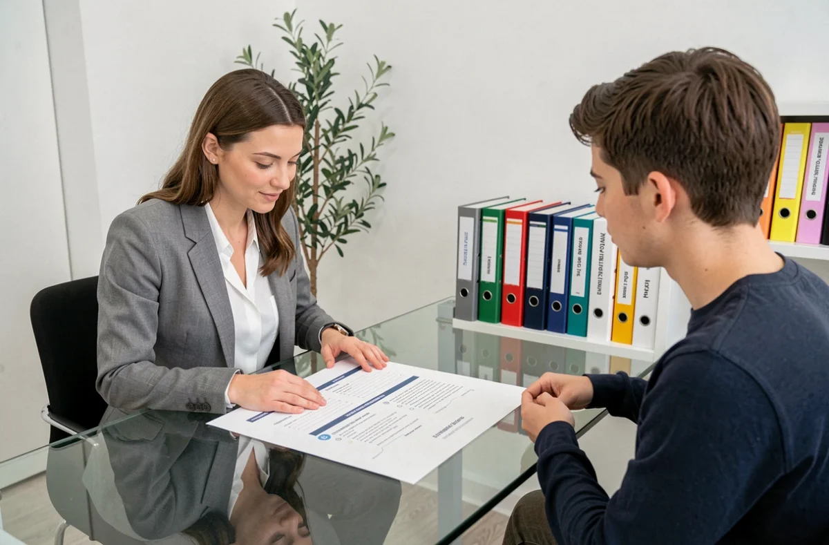 Session de tutorat sur mesure Complétude avec une tutrice présentant un plan d'apprentissage personnalisé à un élève dans un bureau épuré