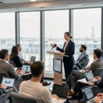 Conférencière professionnelle présentant une formation digitale lors d'une conférence à Paris devant un public de professionnels
